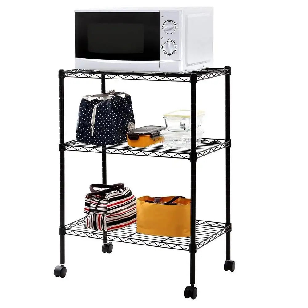 3 Tier Wire Shelving, Adjustable Storage Rack Metal Rolling Cart Chrome/Black