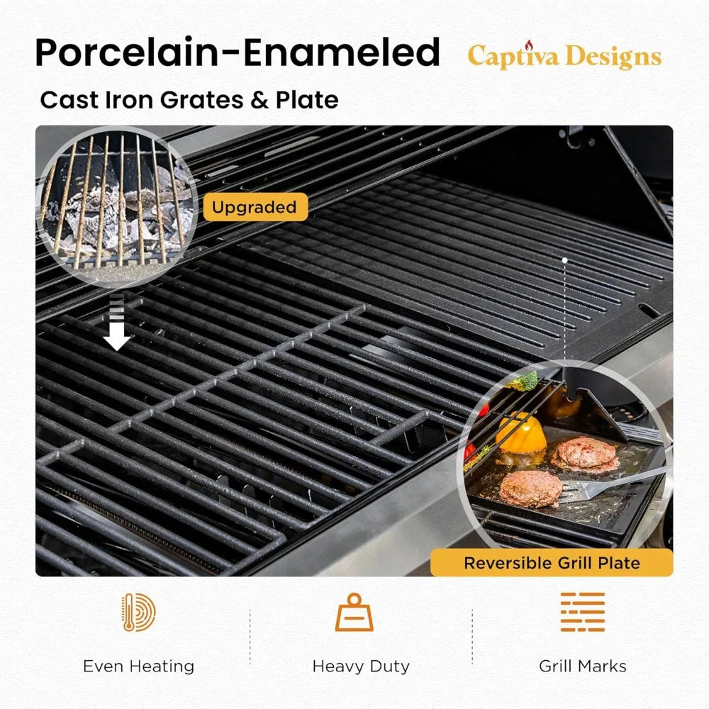 6-Burner Propane Gas BBQ Grill with Side Burner & Porcelain-Enameled Cast Iron Grate and Plate