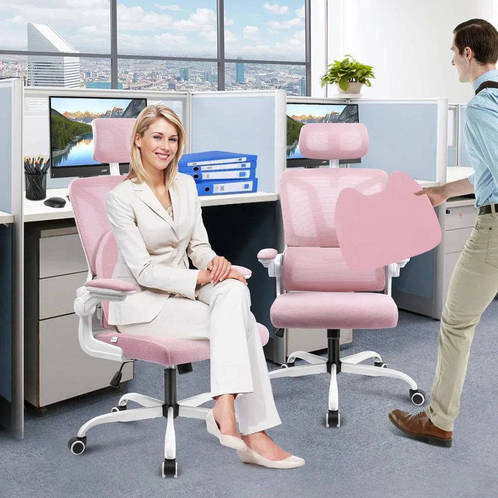 Rocking Office Desk Chair Pink Ergonomic Office Chair W/ Lumbar Support Pillow