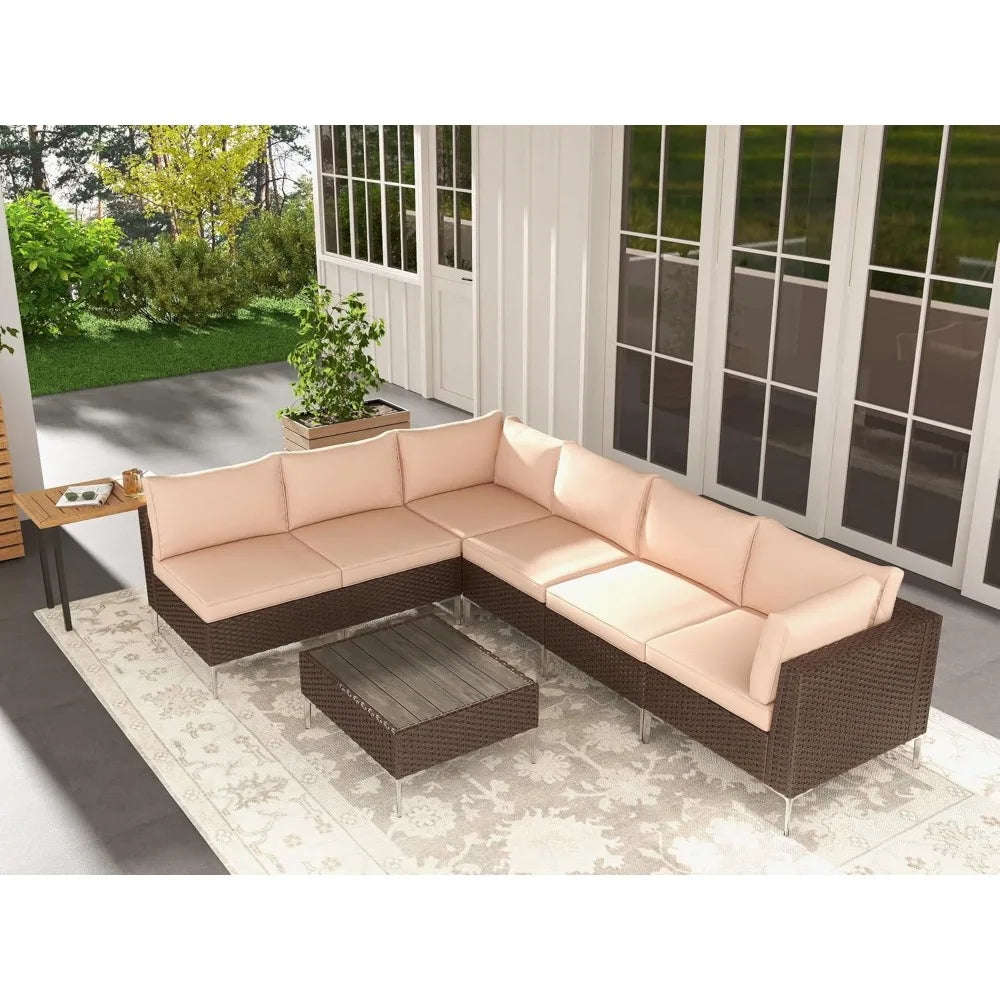 7 Pieces Outdoor Sectional Sofa PE Rattan Wicker Patio Conversation Set, w/Wood Plastic Composites