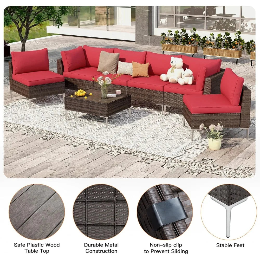 7 Pieces Outdoor Sectional Sofa PE Rattan Wicker Patio Conversation Set, w/Wood Plastic Composites