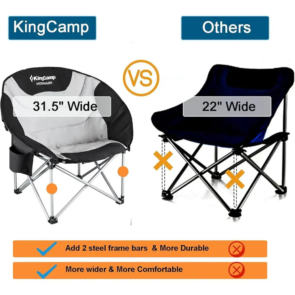 Oversized Cushioned Moon Saucer Folding Camping Chairs with Cup Holders (Black, Set of 2)