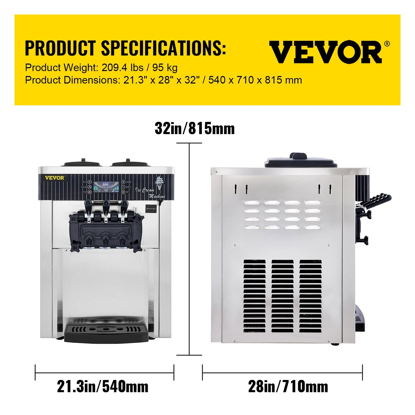 VEVOR 28L/H Soft Ice Cream Machines Commercial Sorbet Coolers Tricolor Desktop Sweet Cone