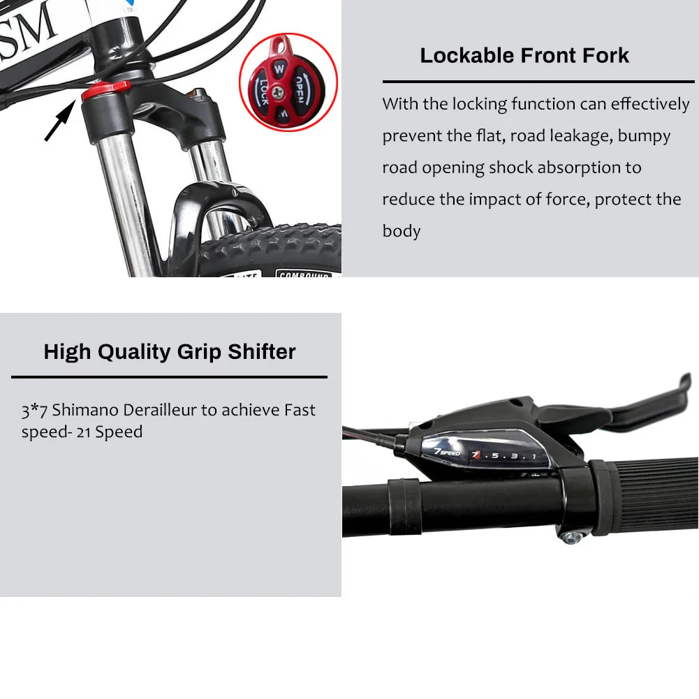 26 Inch Mountain Bike 21 Speed Dual Suspension Adult Bicycle with Adjustable Disc Brake