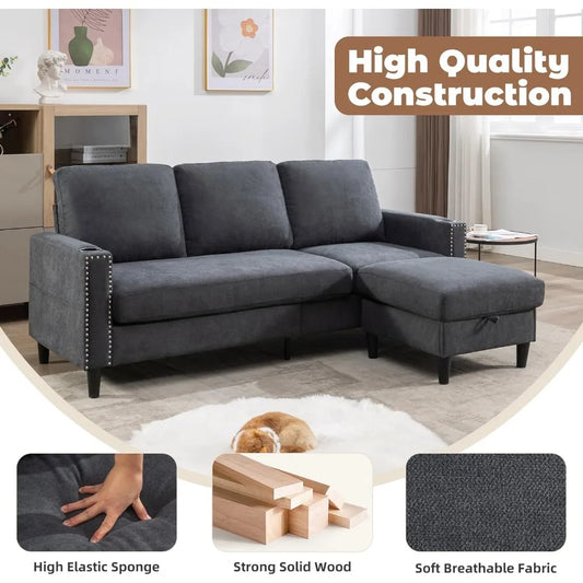 Convertible Sectional Couch, L-Shaped Couch 3 Seats Sofas w/Storage Chaise & 2 Cup Holders