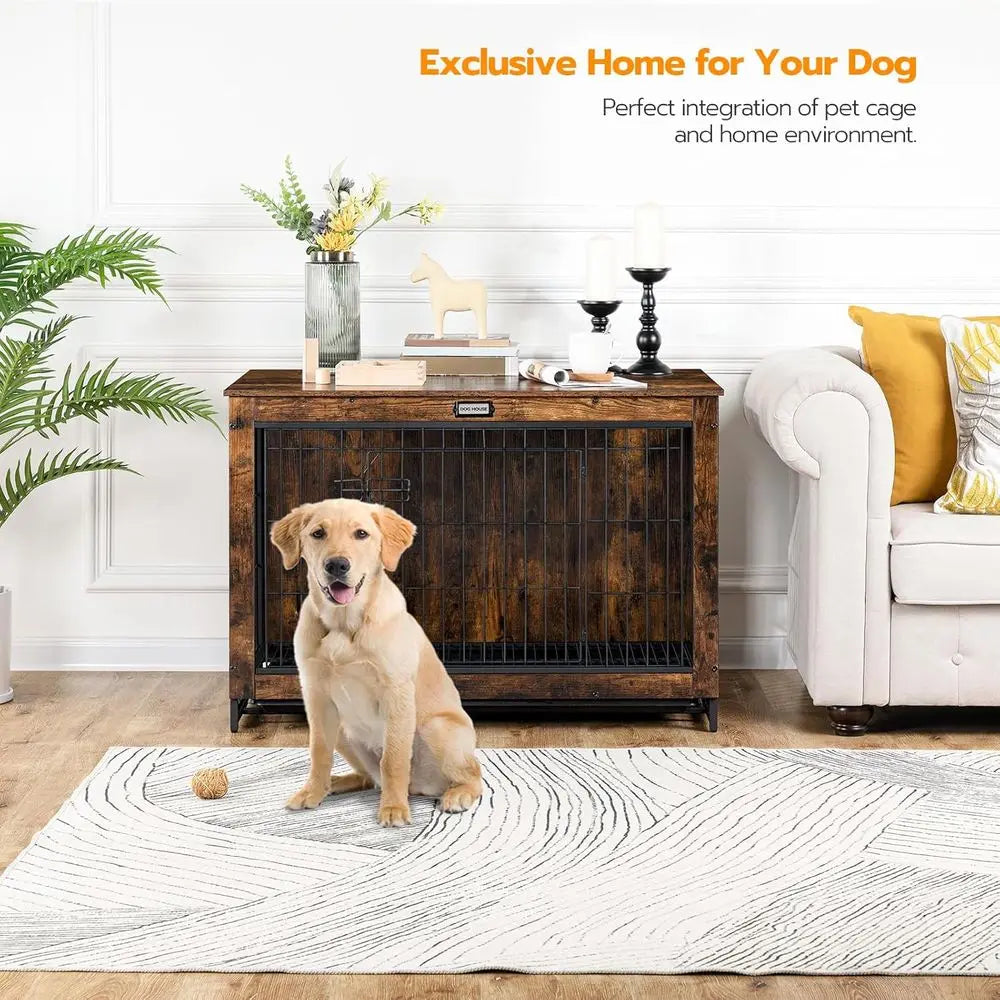 Large Wooden Dog Crate, 38.6 Indoor Kennel with Pull-Out Tray/Large, Medium, and Small Dogs