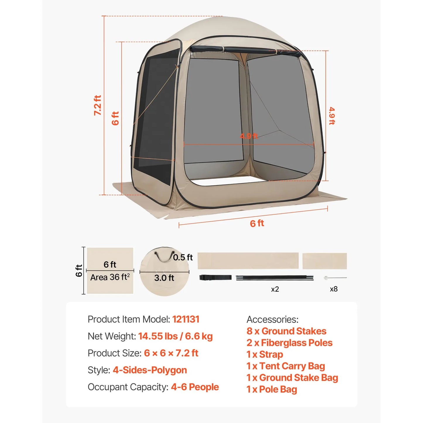 Pop-Up Screen House Tent 6 x 6 ft Camping Mesh Gazebo 4-6 People with Bag