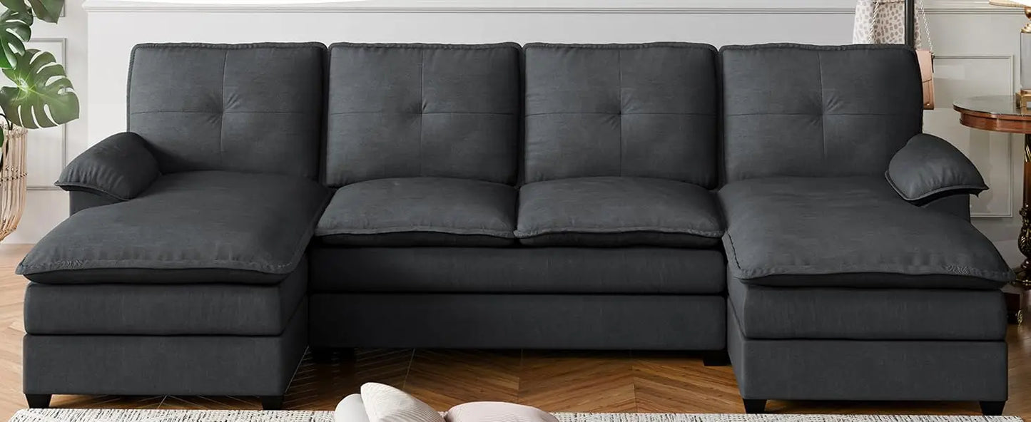 110" U-Shaped 4 Seat Sectional Sofa with Double Chaise, Modern Fabric Modular Couch Sleeper