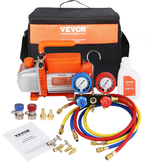 VEVOR 3.5/4CFM Single Stage Rotary Vane HVAC Air AC Vacuum Pump & A/C Refrigerant Manifold Gauge Set