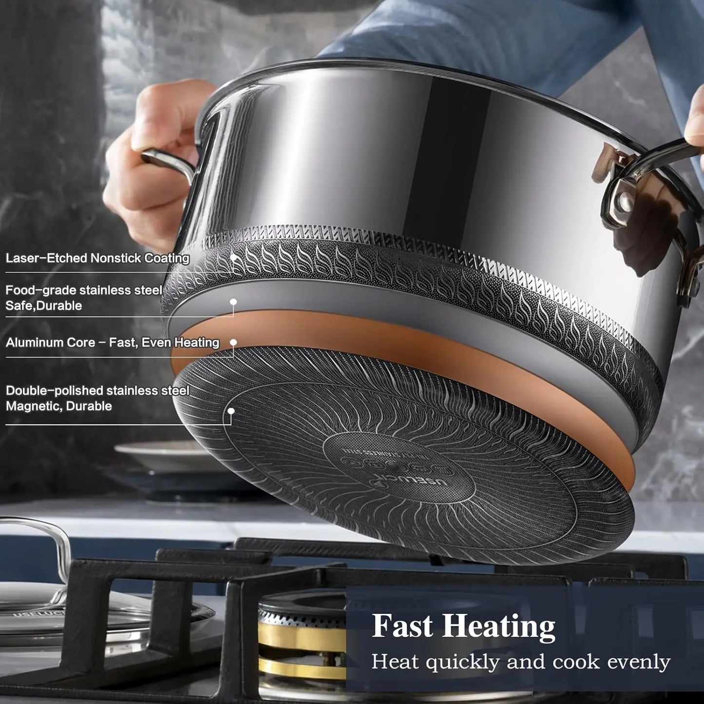 D3 12" Stainless Steel Frying pan W/Lid 3-Ply Stainless Steel Pan Induction Oven Broiler Safe 600F