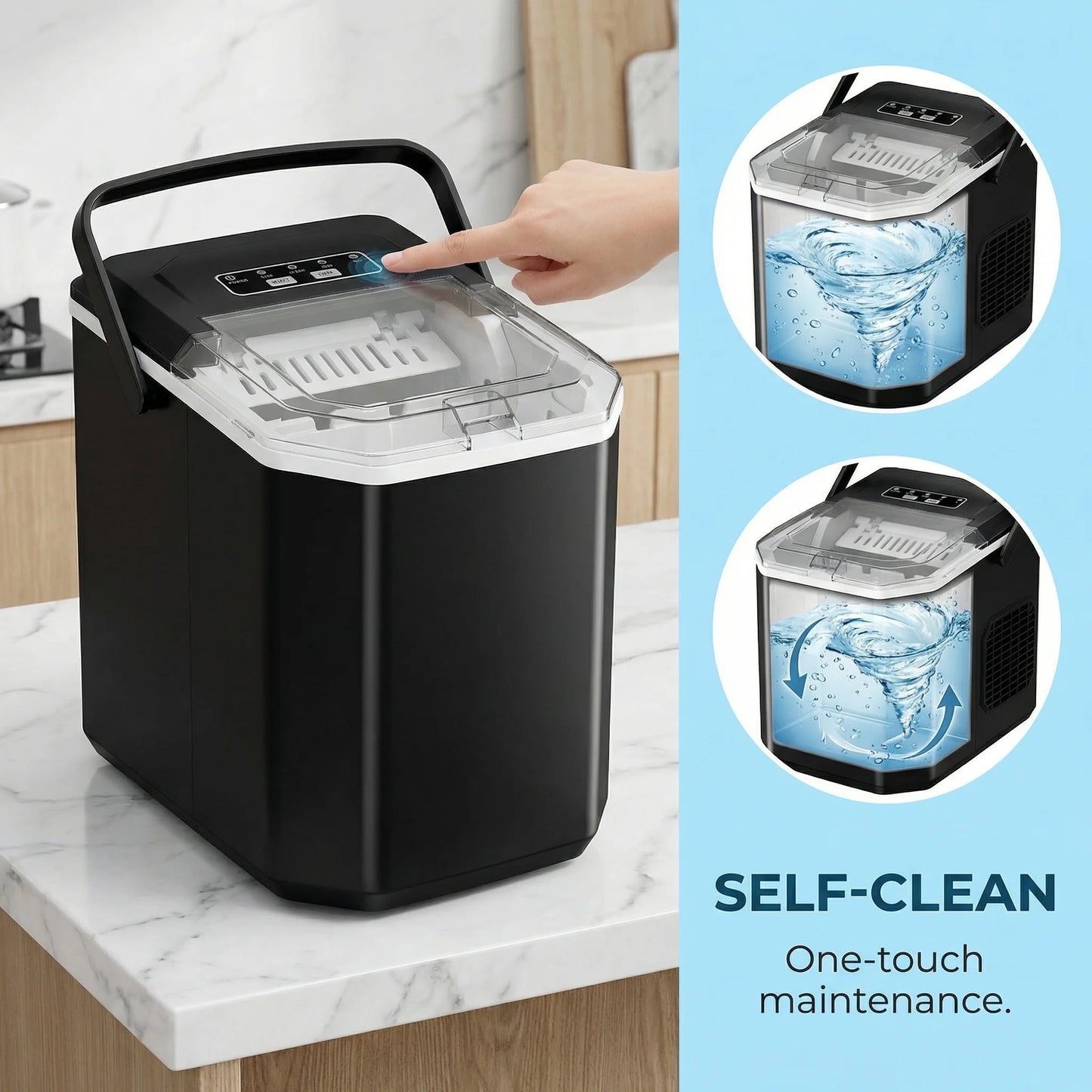 Ice Maker Countertop Machine with Handle, 26lbs in 24h, 9 Ice Cubes Ready in 6 Mins, Self-Cleaning