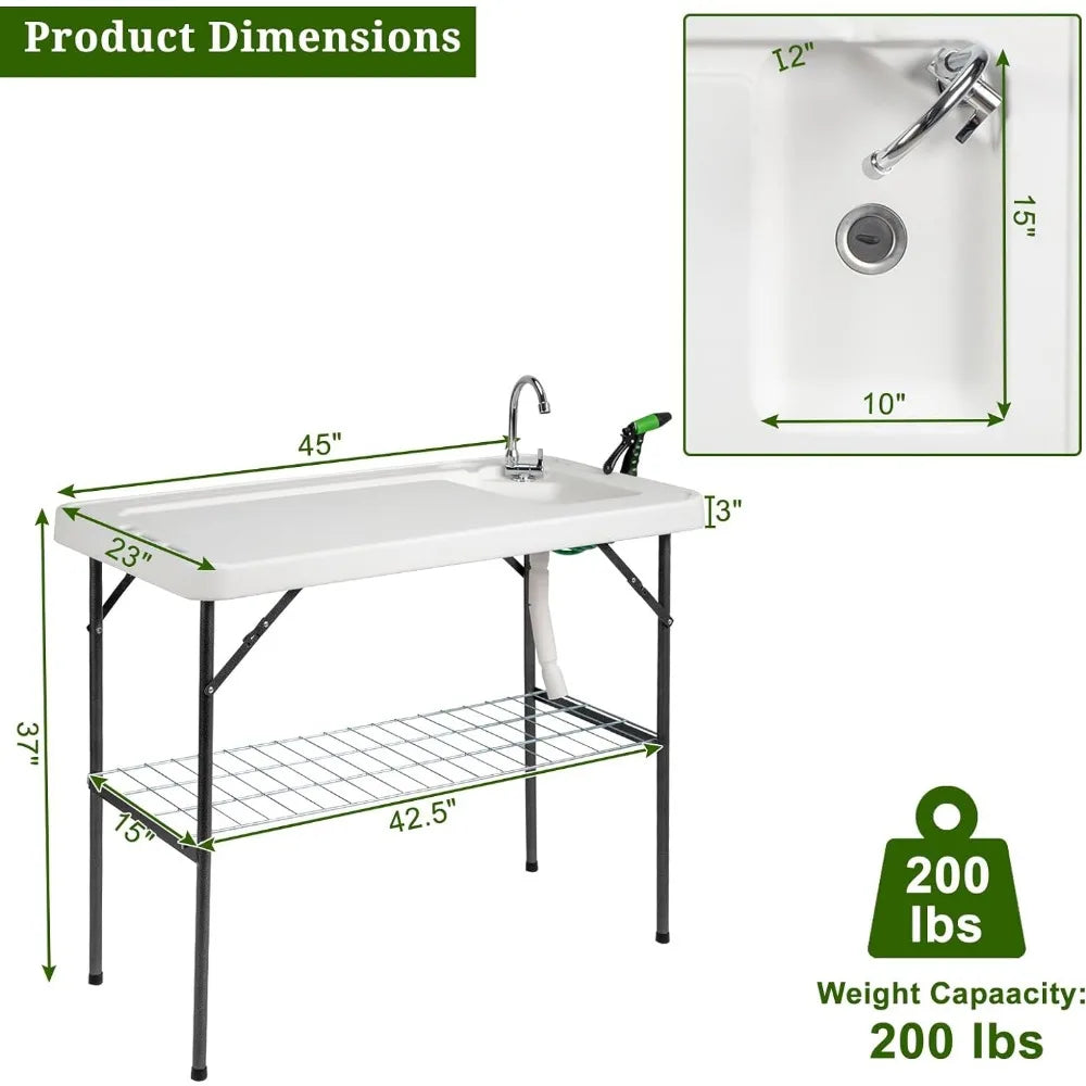 Folding Fish Cleaning Table with Sink, Portable Camping Sink Table with Grid Rack & Sprayer