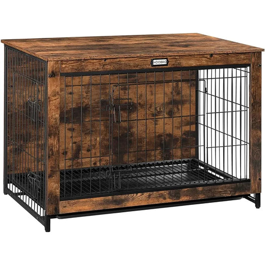 Dog Crate Furniture, 38.6" Large Dog Kennel Indoor, Wooden Cage w/Pull-Out Tray, Double Doors Pet
