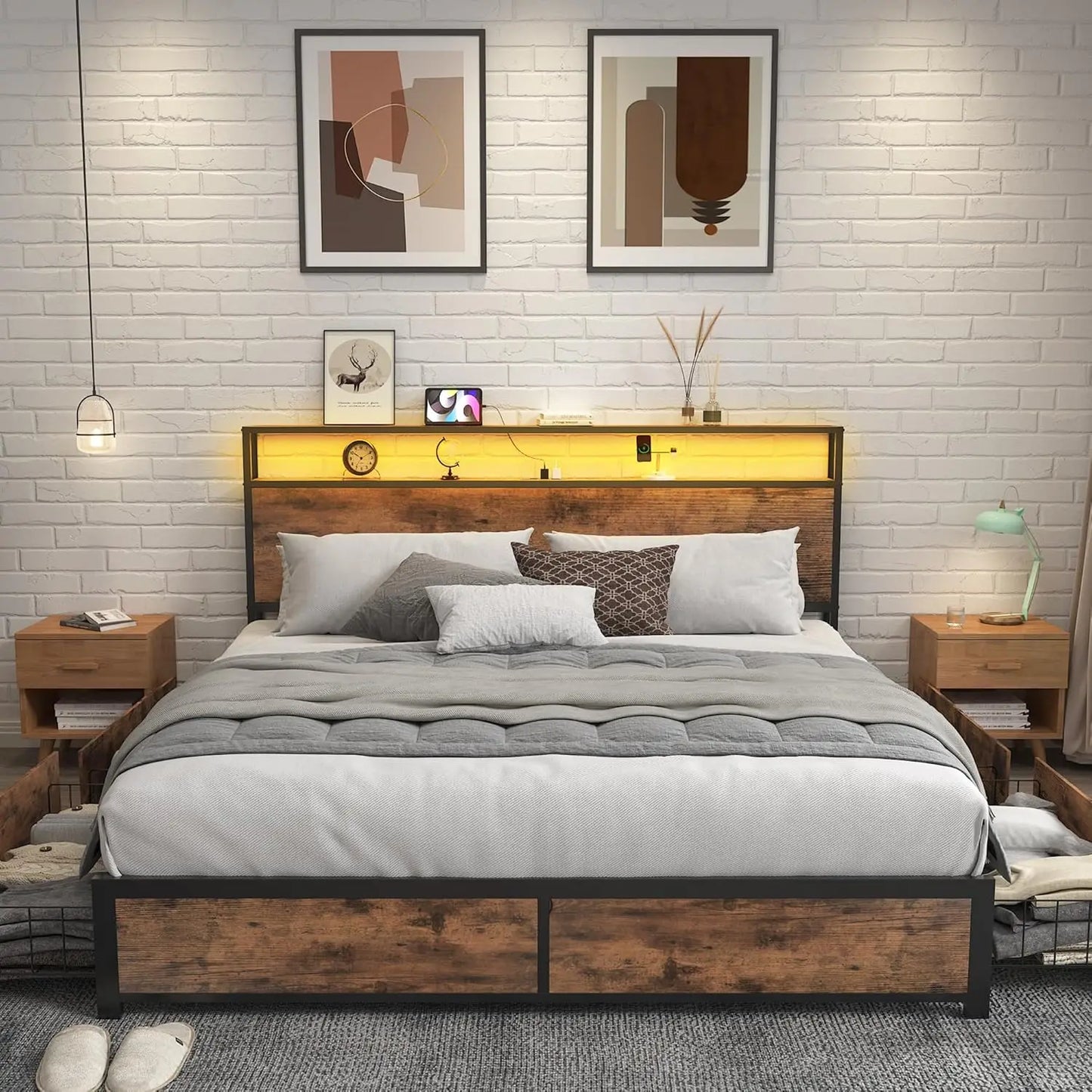 2 Tier Storage Headboard Metal Platform Frame w/4 Drawers Built in Charging Station  LED Noise-Free