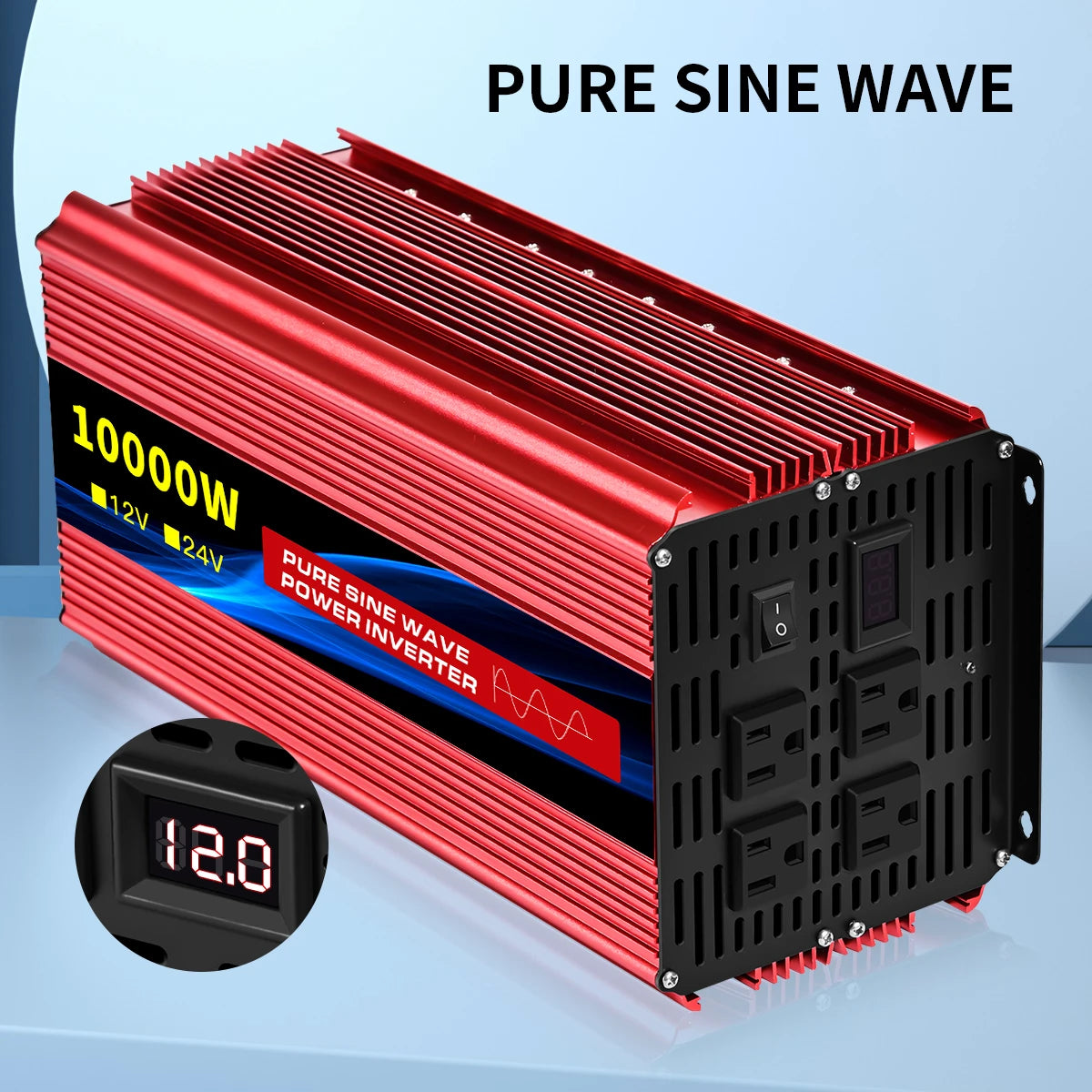 Power Inverter 10000W DC12V to AC110V 60HZ Pure Sine Wave Inverter w/LCD Display Remote 4AC Outlets