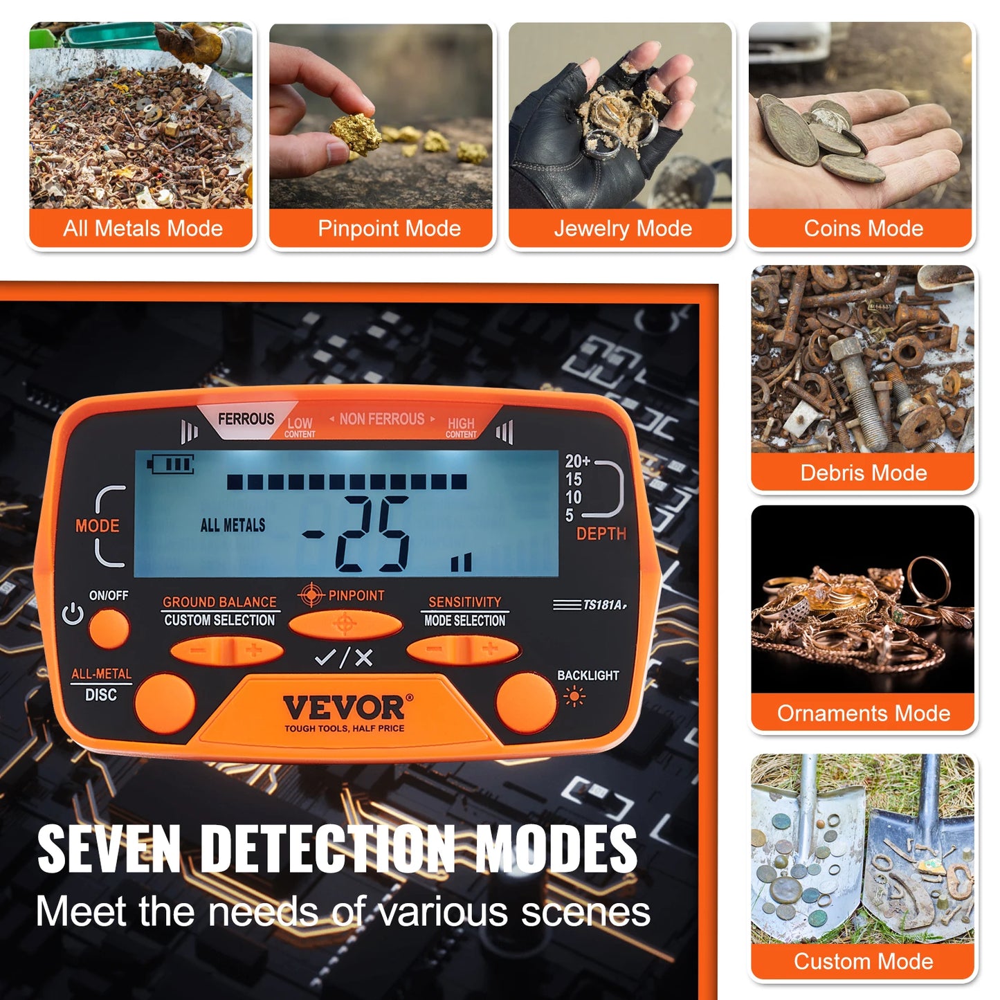 VEVOR Metal Detector for Adults & Kids 10Inch Waterproof Search Coil with LCD Display
