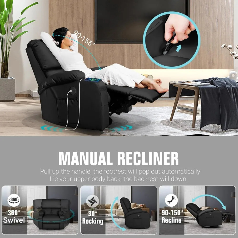 Massage Rocker Recliner Chair with Vibration Massage and Heat, USB and Type-C Ports, 360° Swivel