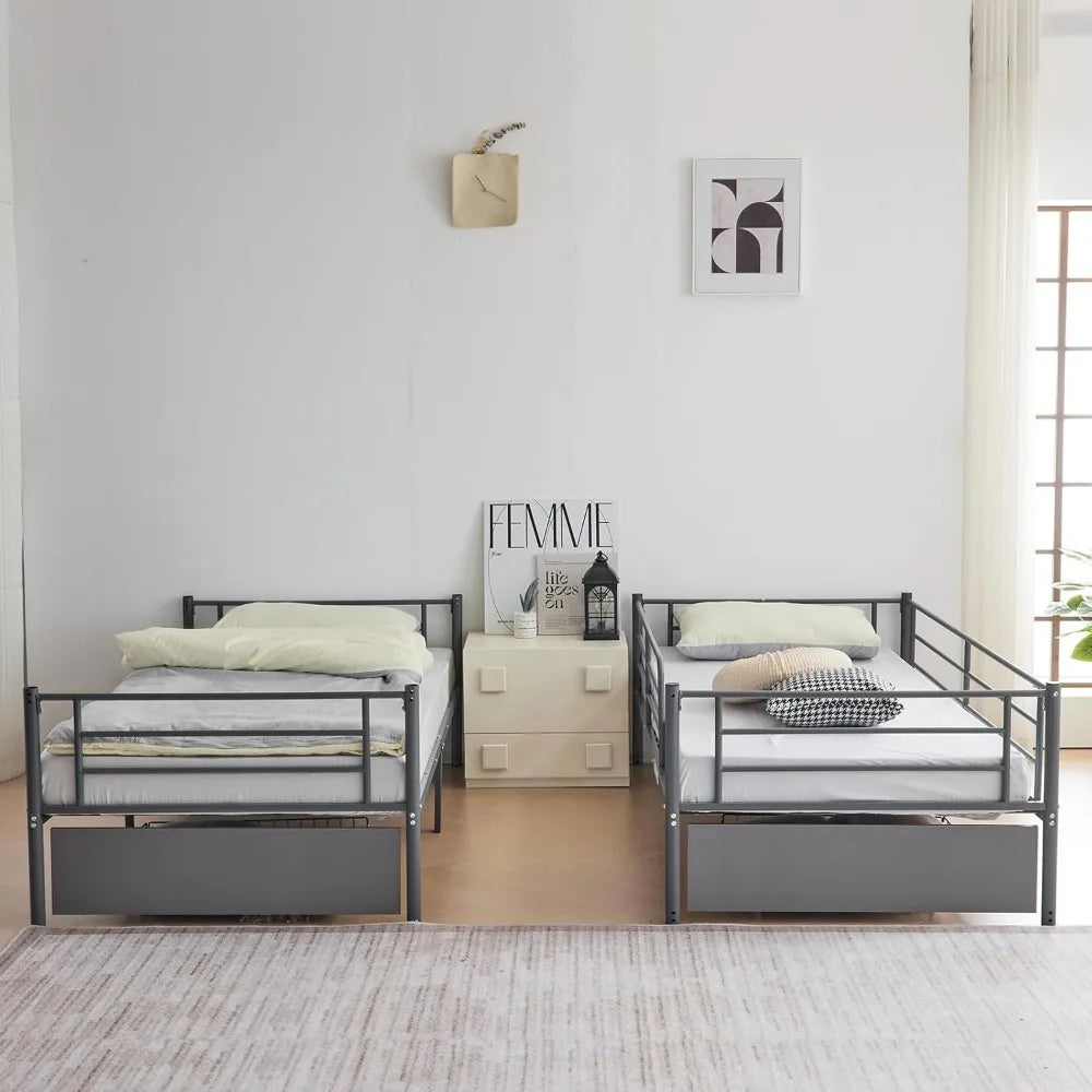 White Bunk Bed Twin Over Twin with 2 Storage Drawers, Metal Bunk Bed with Built-in Ladder