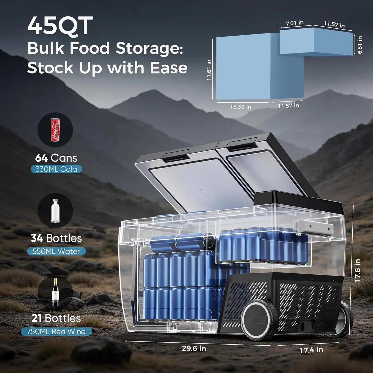12 Volt Refrigerator 45QT(42L), Dual-Zone Car Fridge Freezer, -4°F to 68°F Electric Cooler w/APP