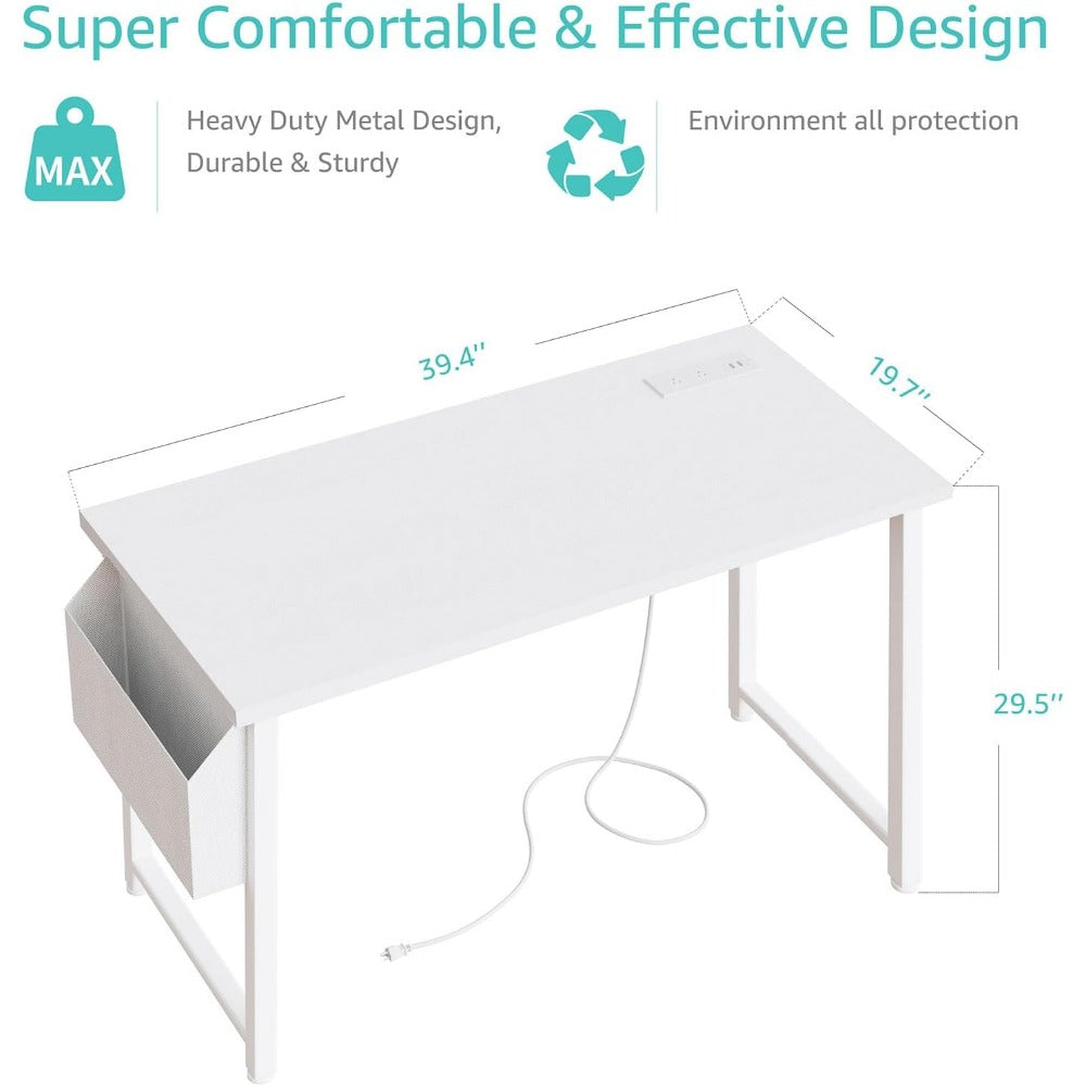 RUO WU 39 Inch White Computer Desk W/Power Outlet Table Pliante