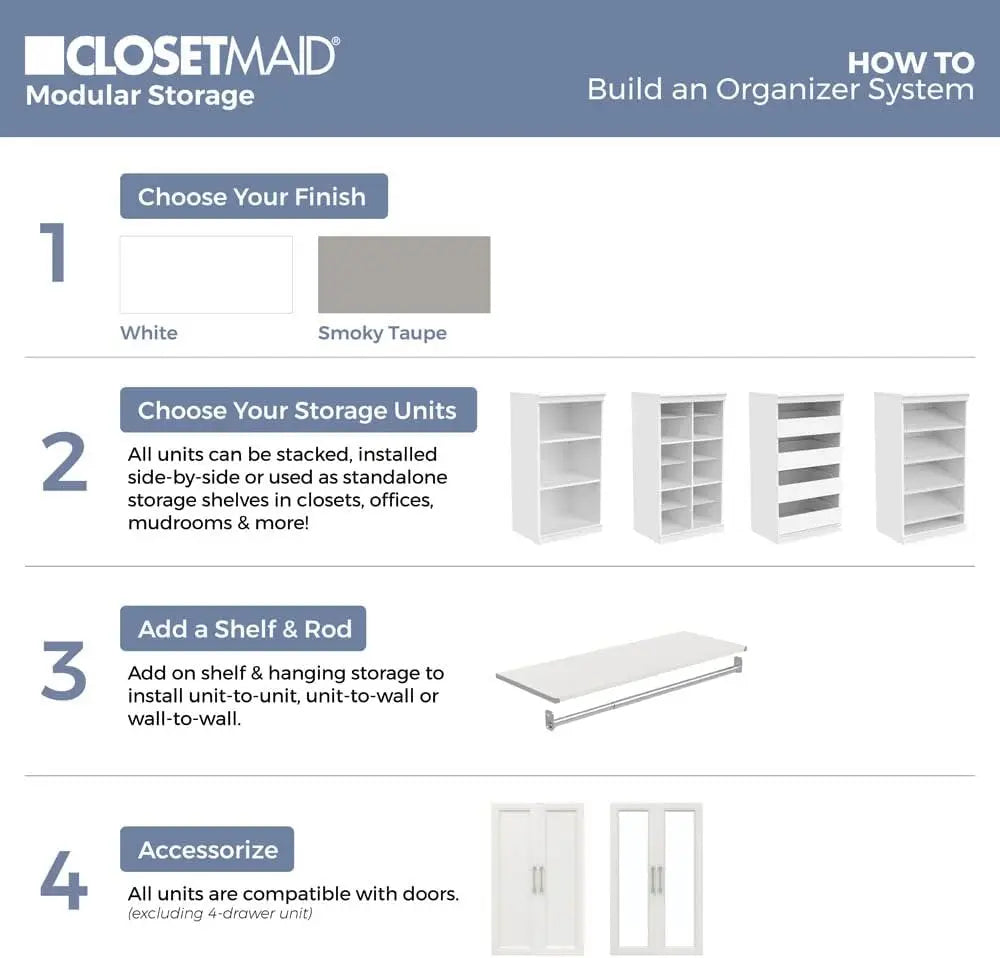 ClosetMaid Modular Storage Unit/4 Drawers, Wood Closet Organizer, Decorative Trim, White