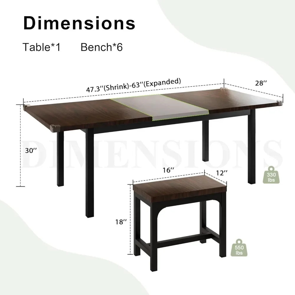 Dining Table Set with Stools,  Large Extendable Kitchen Table, Mid-Century Dining Room Table