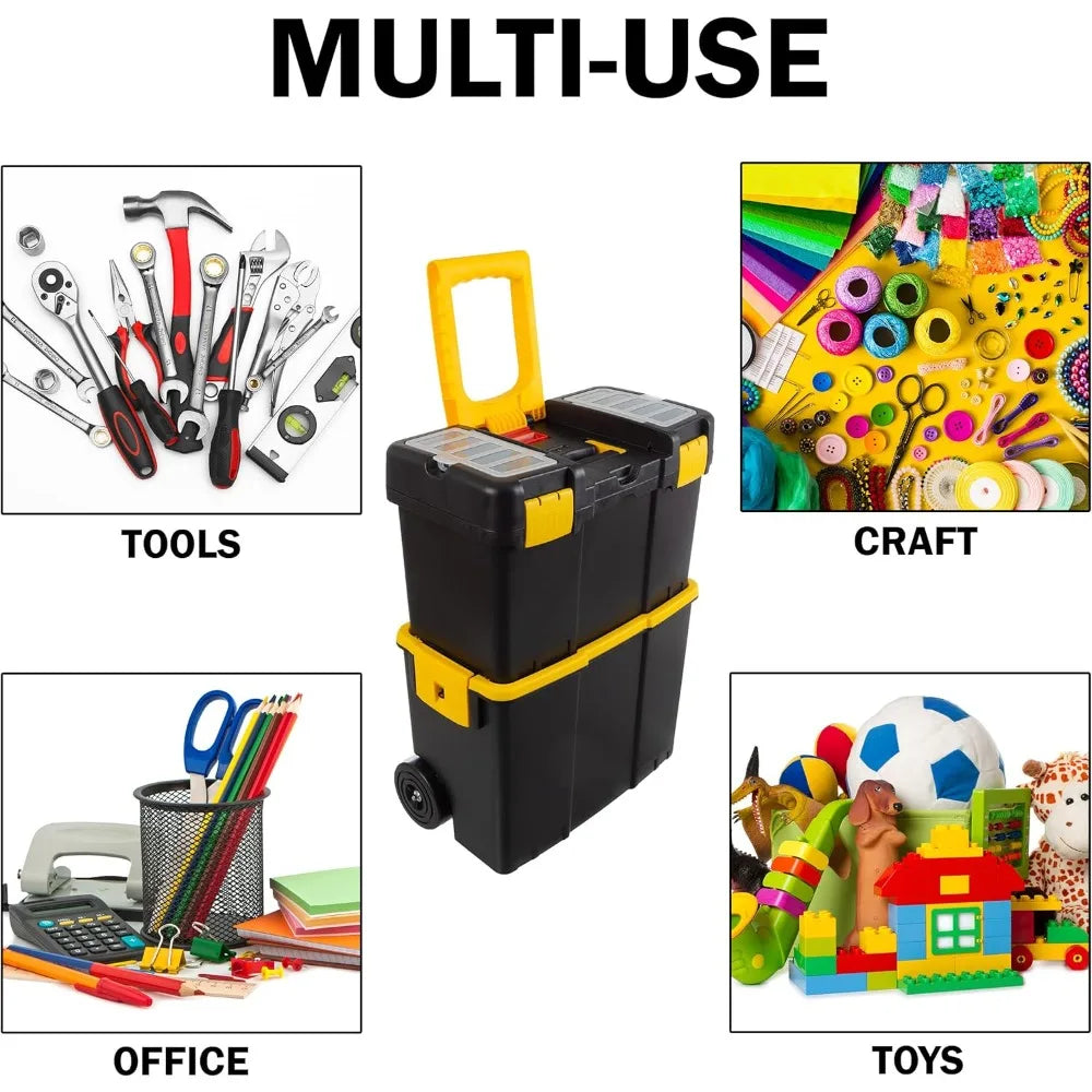 Portable Tool Box with Wheels - w/Fold-Down Comfort Handles, Removable Storage Trays, Black/Yellow
