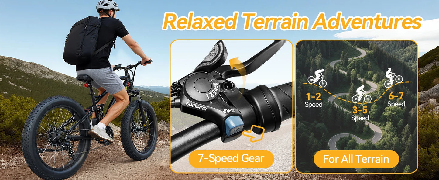 1000W Electric Bike/Fat Tire Ebike 26MPH, 48V 13Ah Battery,26"x4" Electric Mountain Bike, 7-Speed