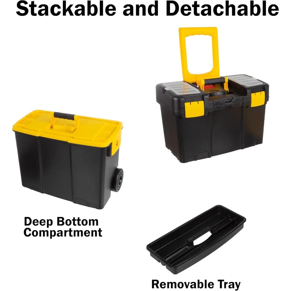 Portable Tool Box with Wheels - w/Fold-Down Comfort Handles, Removable Storage Trays, Black/Yellow