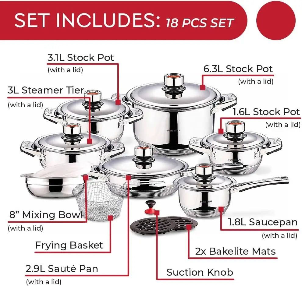 18-Piece Stainless Steel Cookware Set, Includes Induction Compatible Fry Pots, Saucepan, Casserole