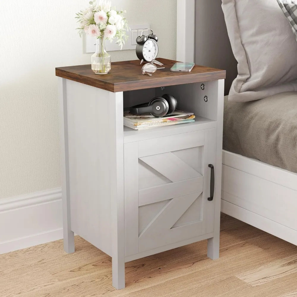 Farmhouse Nightstand, Modern Bedside Table Set of 2 with Barn Door and Shelf, Rustic End Table