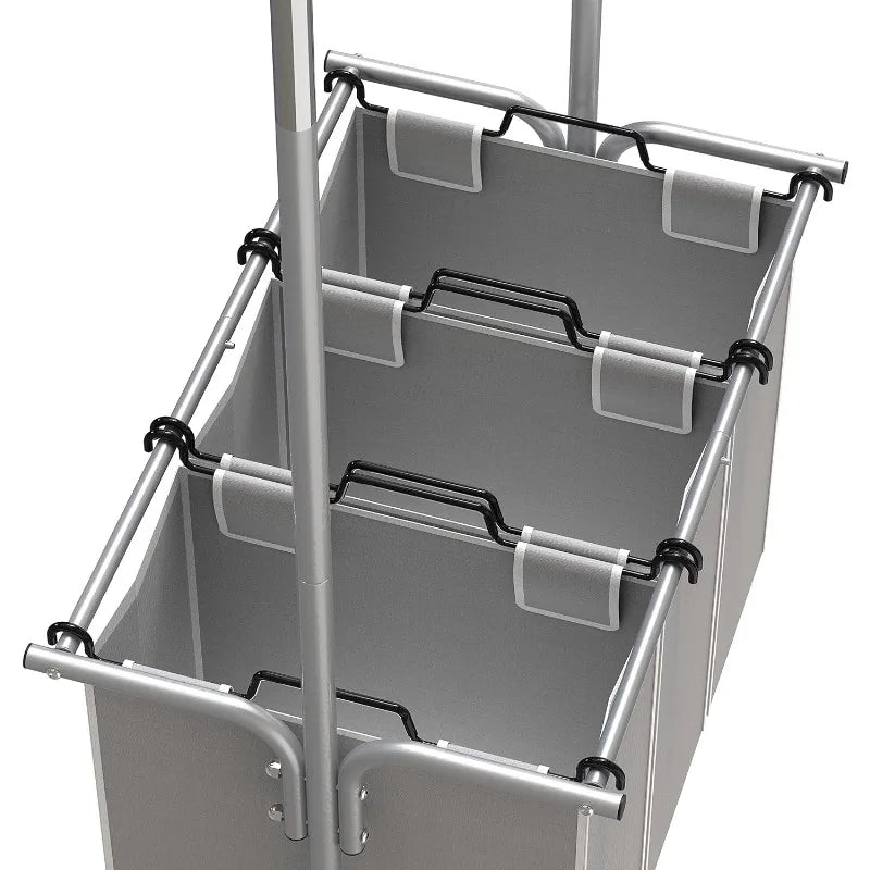 3 Bag Laundry Sorter Rolling Cart w/Garment Rack Hanging Rod, Silver