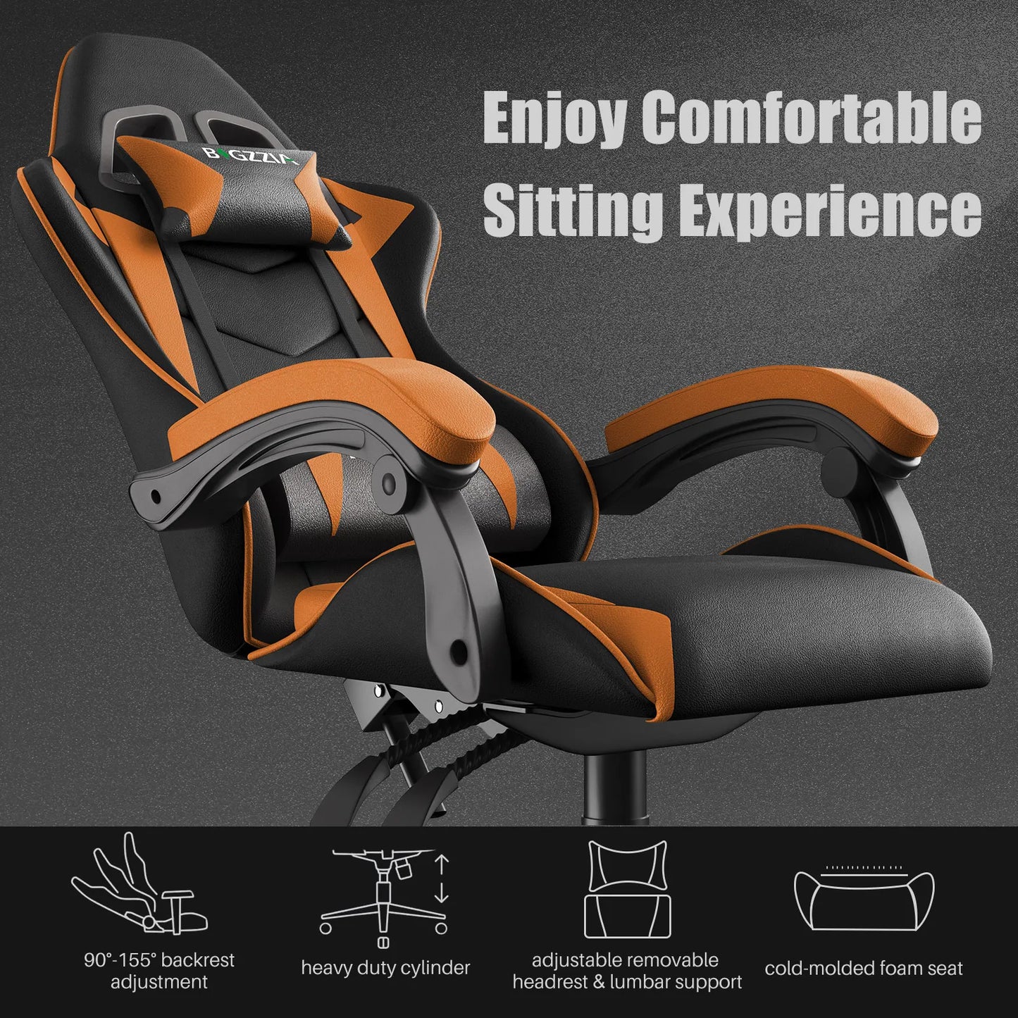 Reclining High Back PU Leather Gaming Chair with Headrest and Lumbar Support