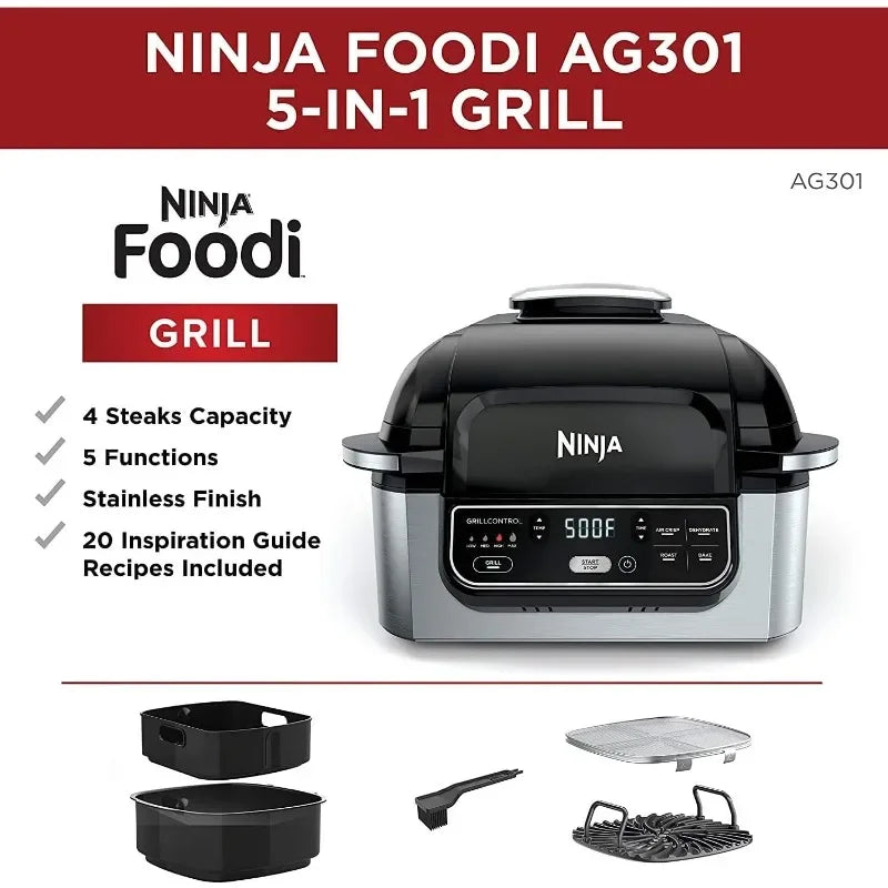 Ninja AG301 Foodi 5-in-1 Indoor Electric Grill with Air Fry, Roast, Bake & Dehydrate - Programmable