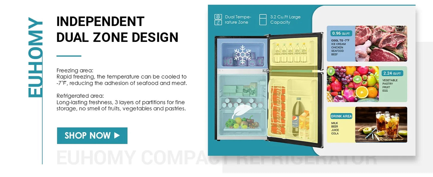 EUHOMY Mini Fridge with Freezer 2 Door Mini Fridge with freezer For Dorm/Bedroom/Office/Apartment