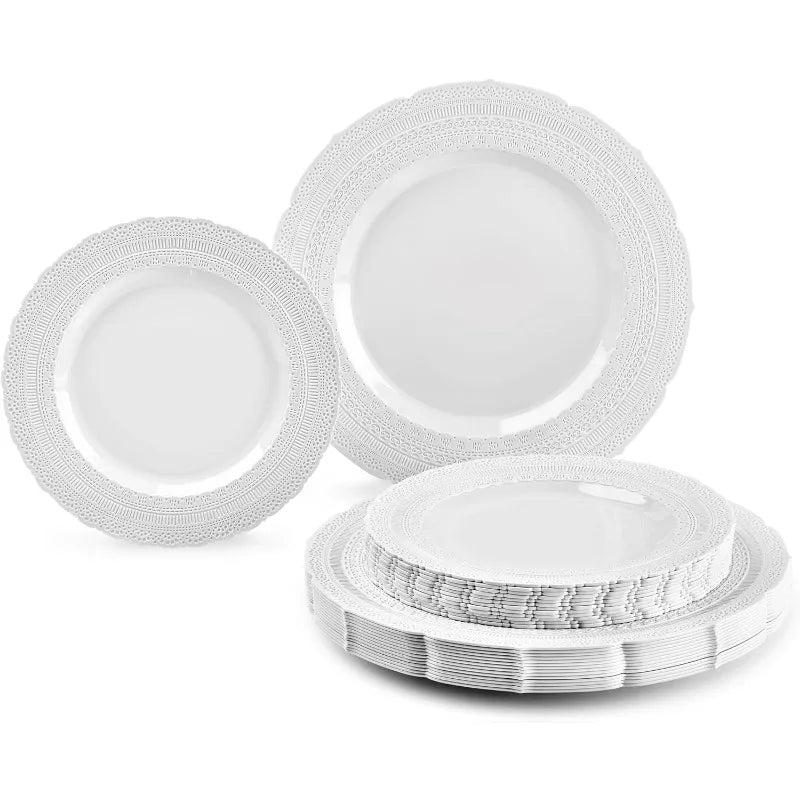 240 Plates Pack,(120 Guests) Extra Heavyweight Vintage Wedding Disposable/Reusable Plastic Plates