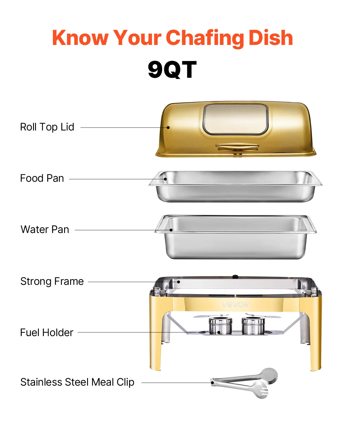 SucceBuy 9Qt Roll Top Chafing Dish Buffet Stainless Steel Chafer with Full Size Pan Visible Lid