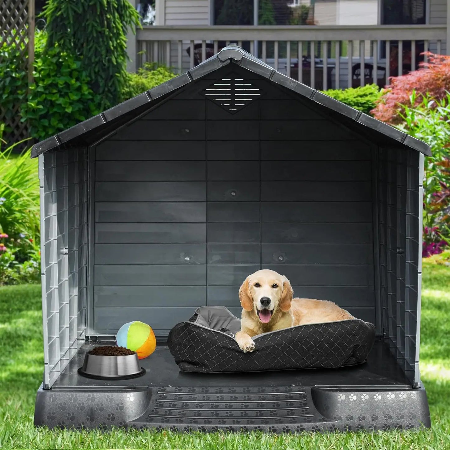 YITAHOME 34.5'' Large Plastic Dog House Outdoor Indoor Doghouse Puppy Shelter Water Resistant