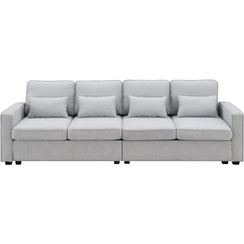 104" Linen Fabric Sofa with Armrest Pockets and 4 Pillows, Minimalist Style 4-Seater Couch