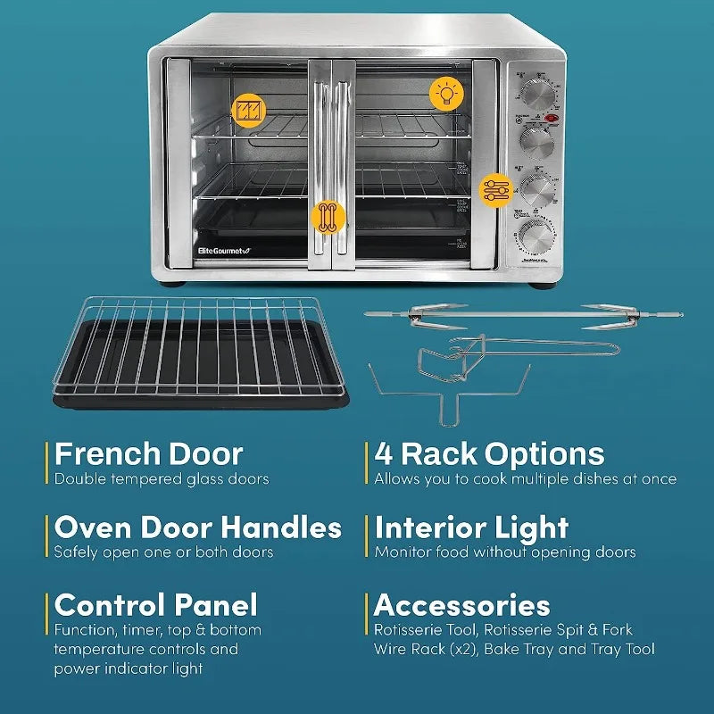 Elite Gourmet ETO-4510M French Door 47.5Qt, 18-Slice Convection Oven 4-Control Knobs