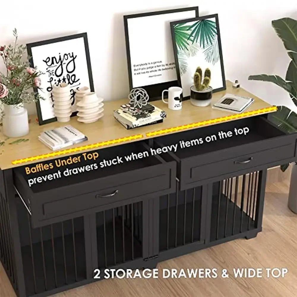 Wooden Dog Crate Double Room Divider Kennel TV Stand Storage Drawers Easy Assembly Indoor Furniture