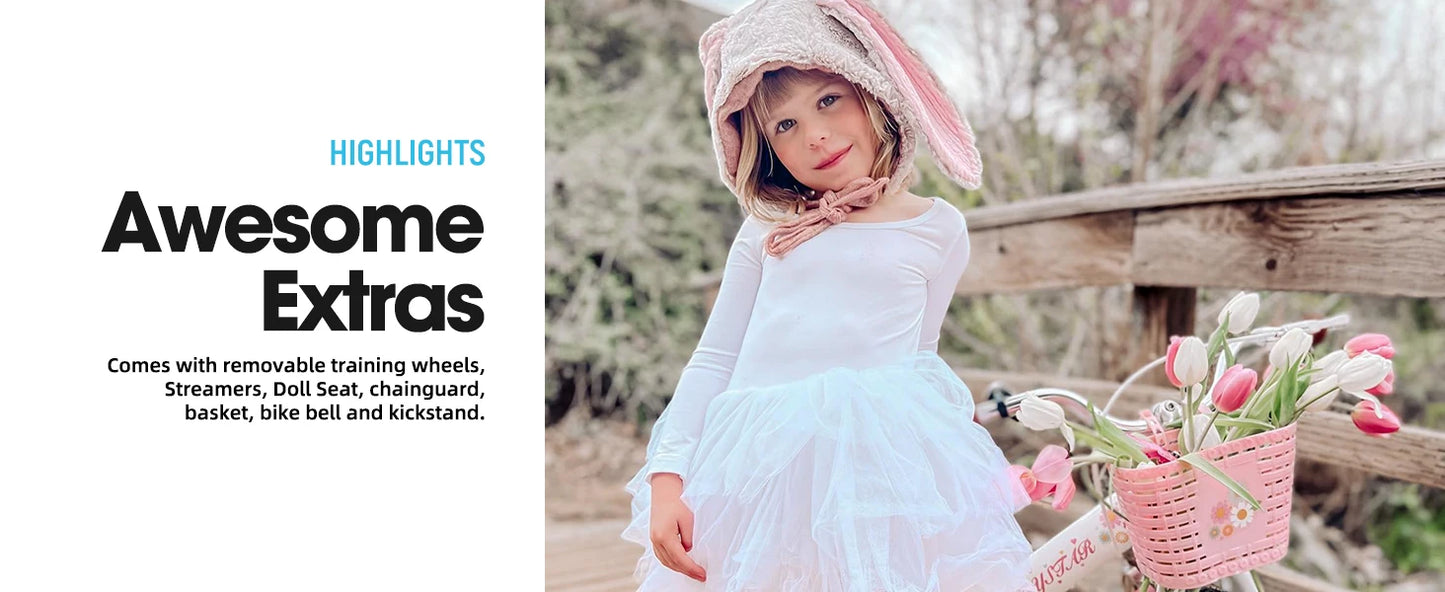 JOYSTAR Kids Bike 2-7 Years, 12 14 16" Girls Bike w/Doll seat, Boys Bike w/ Flag & Plate