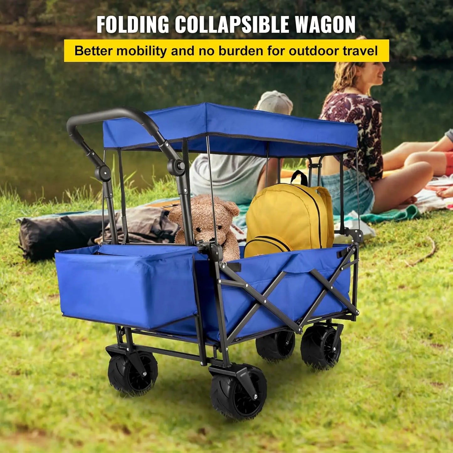 Extra Large Collapsible Garden Cart/Wagon with Removable Canopy 220lbs Capacity w/ Rear Storage Blue