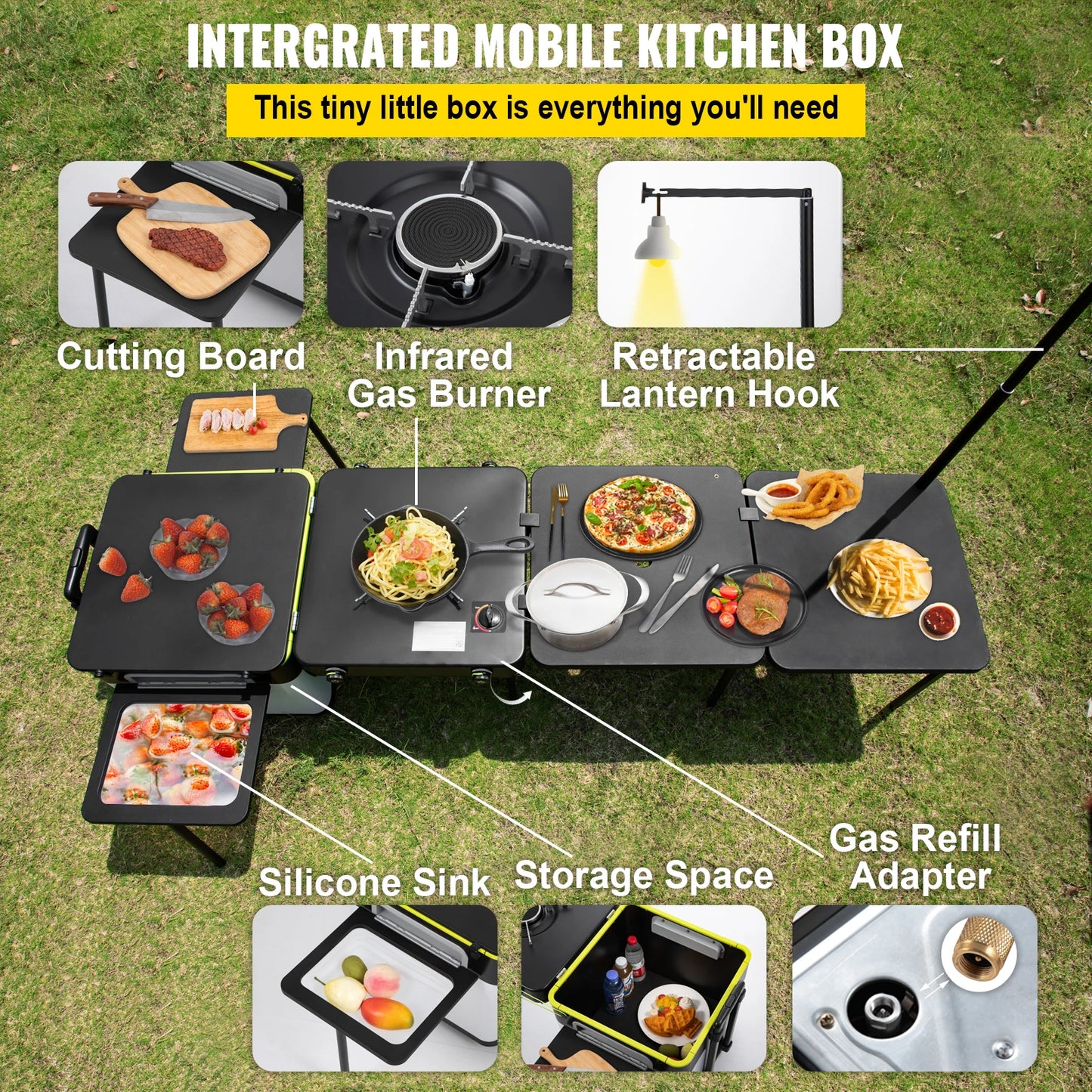 VEVOR Mobile Kitchen Portable Multifunctional Camp Box w/ Wheels Integrated Cooking Station