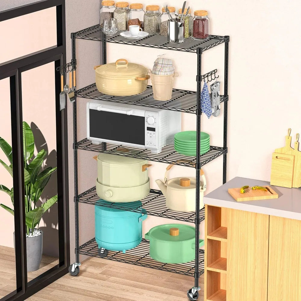 5 Tier Storage Shelves w/Wheels - Metal Shelves for Storage Adjustable Wire Shelving Unit Organizer