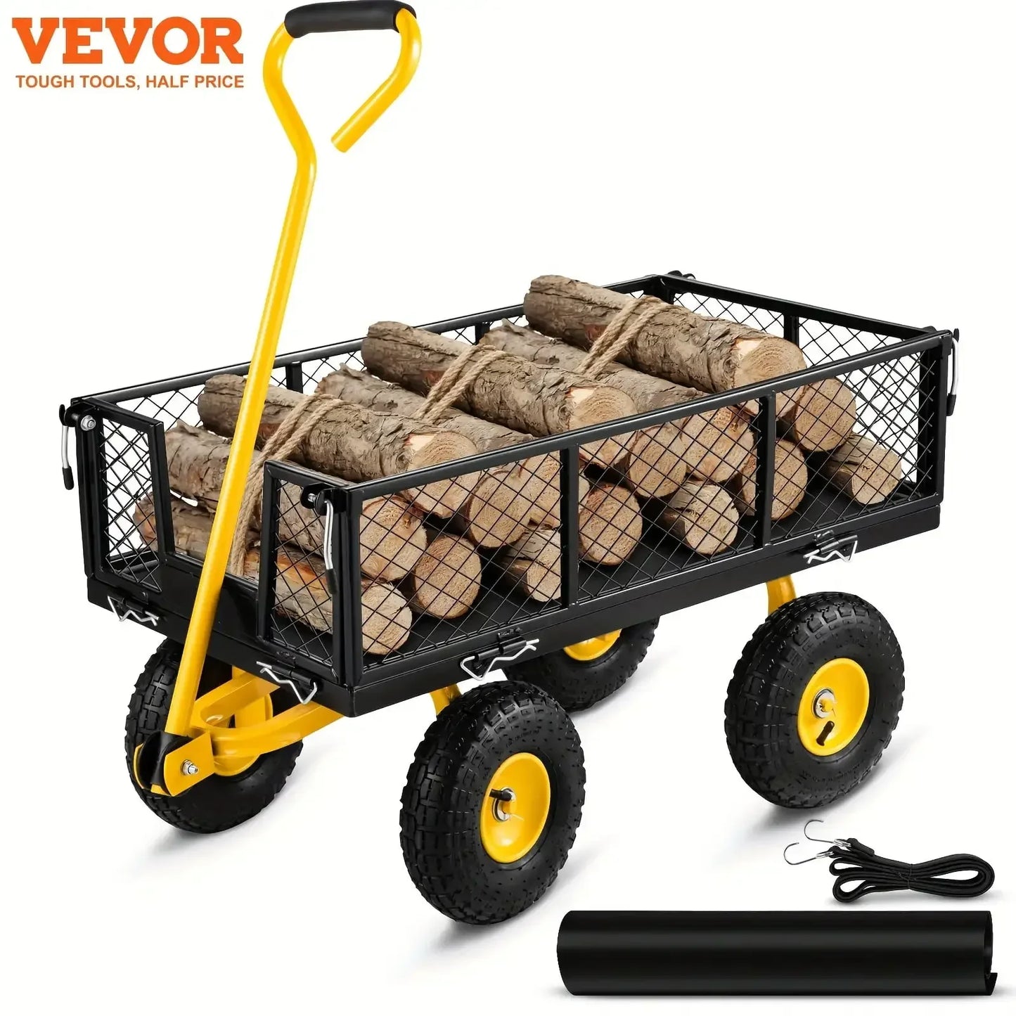 Steel Garden Cart, Heavy Duty 900 lbs Capacity, with Removable Mesh Sides to Convert into Flatbed