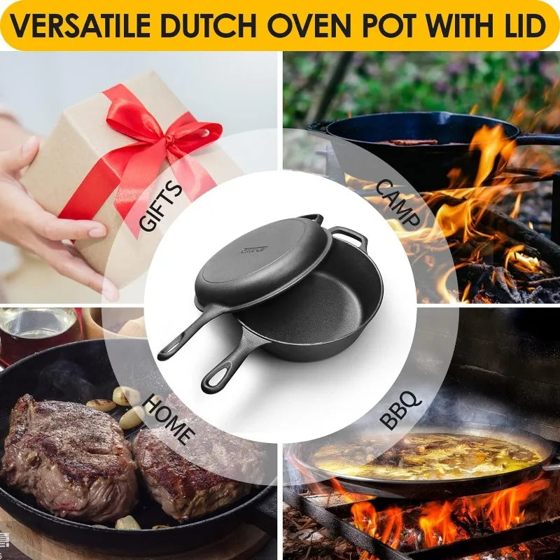 EDGING Dutch Oven Pot w/Skillet Lid Cooking Pan, Cast Iron Skillet Cookware Pan w/Dual Handles