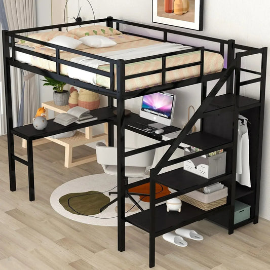 Full Size Loft Bed w/Desk Storage Stairs & Wardrobe Full Loft Bed w/Charging Station(USB & Outlets)