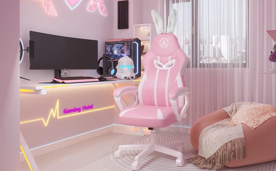 JoyFly Bunny Ears Pink,Kawaii Gamer Chair -Teens, Women Computer Chair Ergonomic