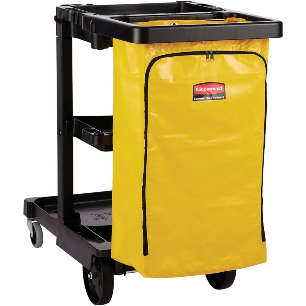 Rubbermaid Commercial Traditional Janitorial 3-Shelf Cleaning Cart, Wheeled/Zipper Yellow Vinyl Bag